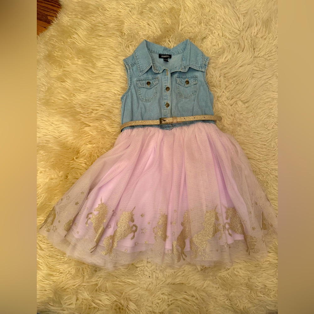 ZUNIE GIRLS DENIM TOP TULLE BOTTOM BELTED DRESS size 6